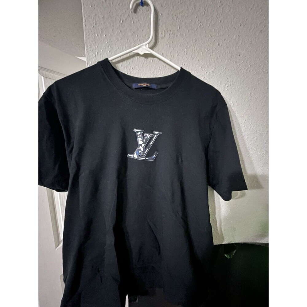 Men’s Louis Vuitton Black T-Shirt with Blue/White LV Logo - Size Large